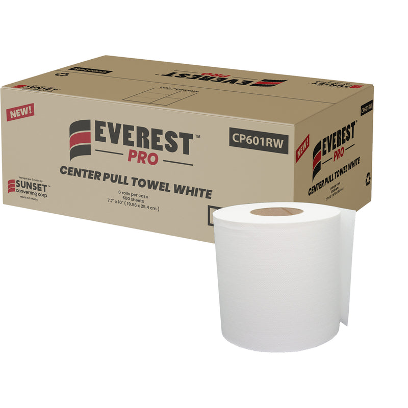 White Paper Towels, 1 Ply, Centre Pull, 600 sheets, 6 per case (CP601RW)