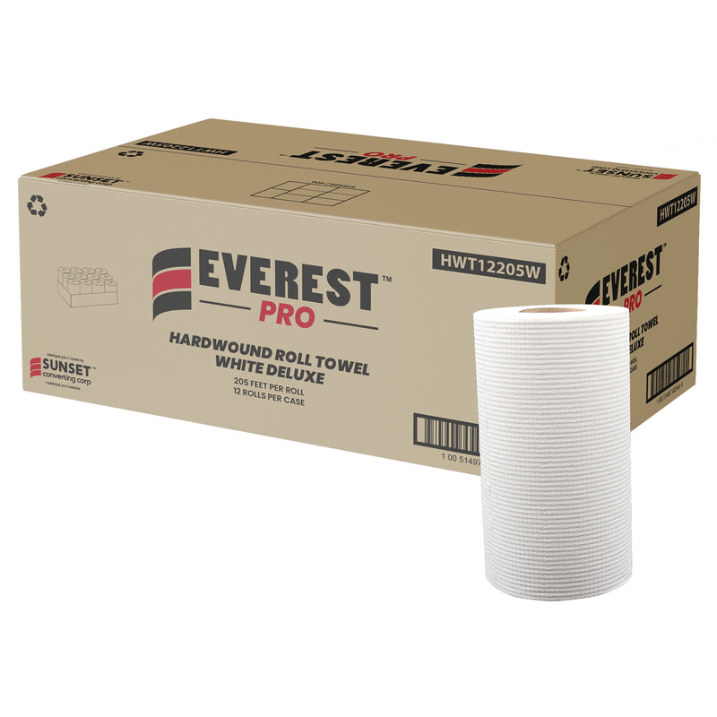 White Deluxe Hardwound Roll Towels, 1 Ply, Centre Pull, 205' L, Case of 12 (HWT12205W)