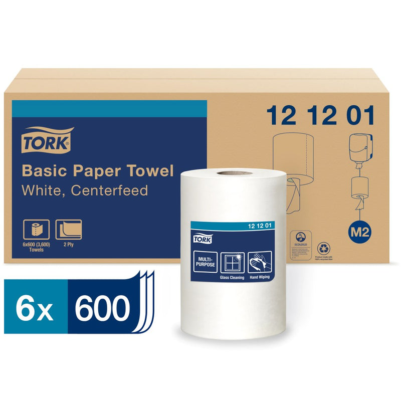 12 12 01 M2 Basic Centerfeed Paper Wiper - White 2-Ply 600' (6/cs)