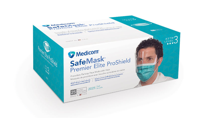 SafeMask® Premier Elite™ ProShield Anti-Fog Earloop Mask with Visor - Teal ASTM Level 3 (25/box)