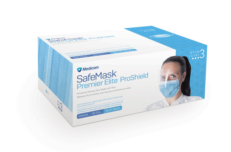 Masque anti-buée SafeMask® Premier Elite™ ProShield avec contour d'oreille avec visière - bleu ASTM niveau 3 (25/boîte)