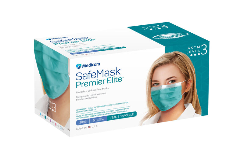 Masques de procédure SafeMask premiere Elite™ avec boucles d'oreilles - Teal ASTM Niveau 3 (50/boîte)