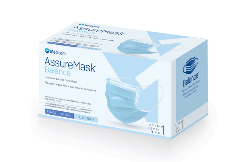 Masques de procédure AssureMask Balance™ avec boucle d'oreille - bleu ASTM niveau 3 (50/boîte)