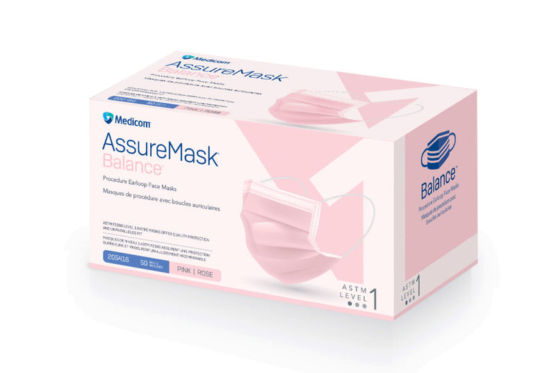 Masques de procédure AssureMask Balance™ avec boucle d'oreille - rose ASTM niveau 3 (50/boîte)