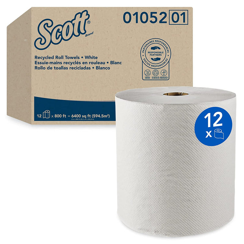 01052 Essuie-mains durs en rouleaux Scott® Essential™ 100 % fibres recyclées - Blanc 1 épaisseur 800' (12/cs)