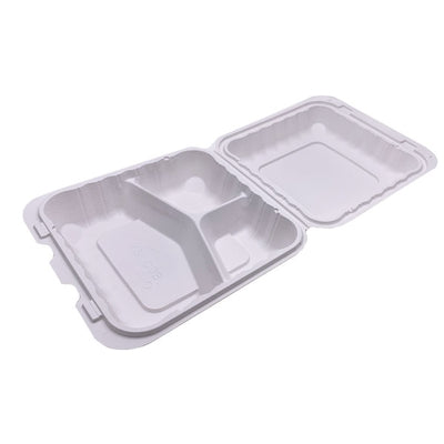 Hinged-Lid 3 Compartment PP & Mineral Container - White 8" x 8" x 3" (150/cs)