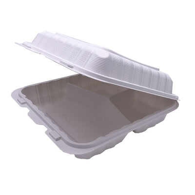 Hinged-Lid 3 Compartment PP & Mineral Container - White 9.1" x 8.8" x 3" (150/cs)