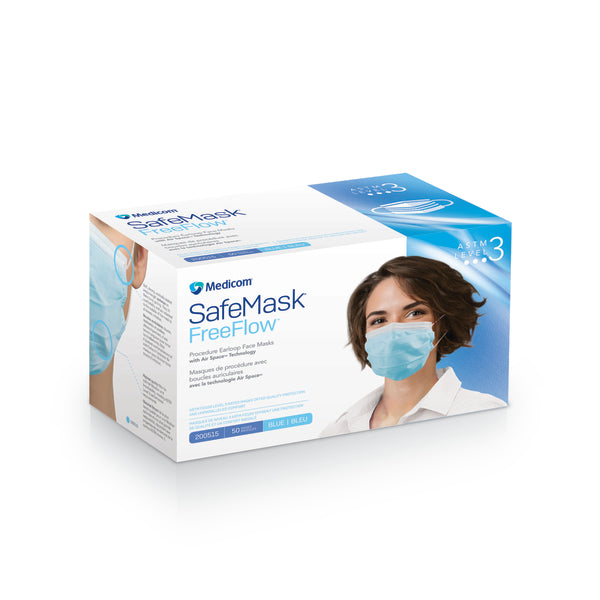 Masque anti-buée SafeMask® FreeFlow™ avec boucle d'oreille avec technologie Air Space™ 3 plis - bleu ASTM niveau 3 (50/boîte)