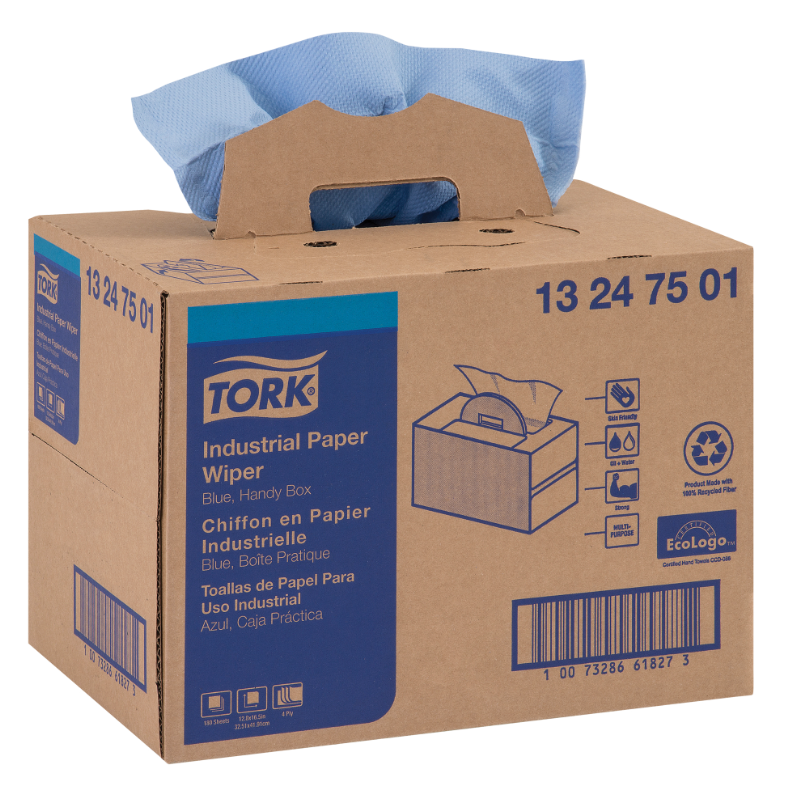 Essuie-tout en papier industriel bleu à faible peluchage - Handy-Box (180/boîte)