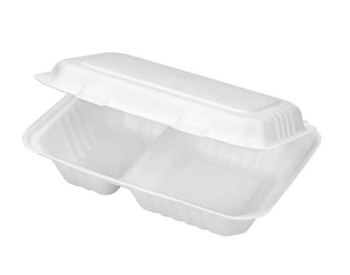 Bagasse Compostable Hinged 2-Compartment Container (250/cs)