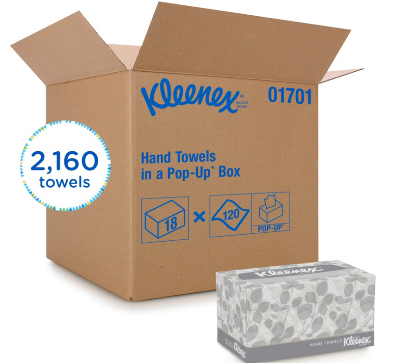 01701 Boîte pop-up pour essuie-mains Kleenex avec pochettes absorbantes de qualité supérieure (18 x 120/cs)