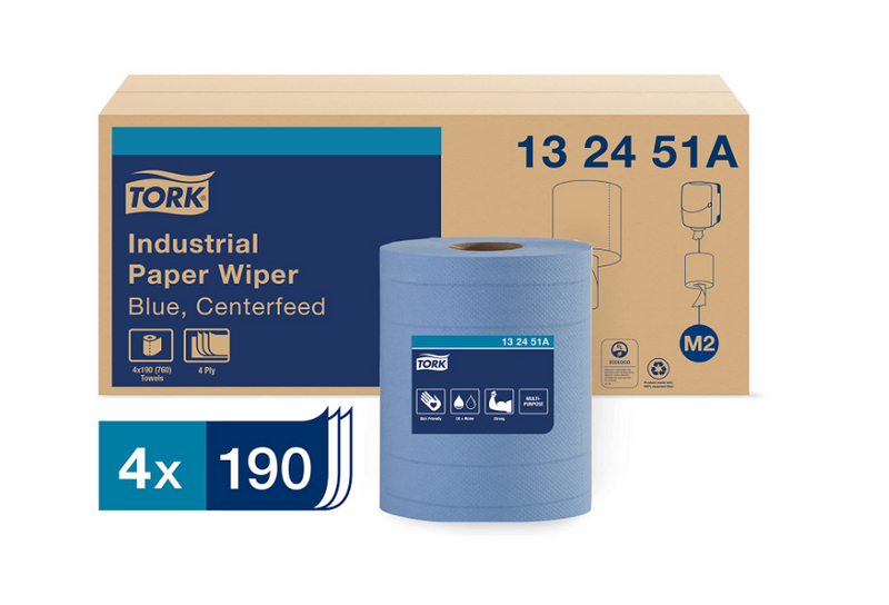 132451A M2 Industrial Centerfeed Paper Wiper - Blue (4 x 190s)