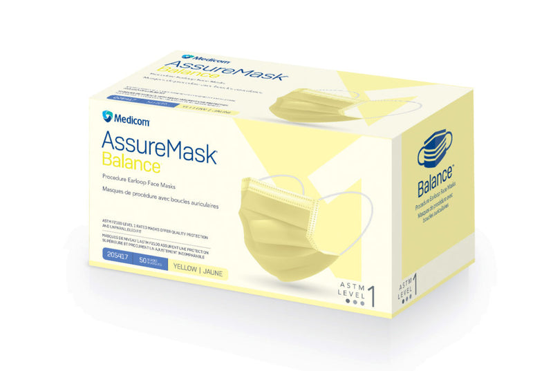 Masques de procédure AssureMask Balance™ avec boucle d'oreille - jaune ASTM niveau 1 (50/boîte)