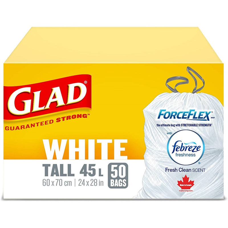 Glad ForceFlex® Strong Polyethylene Can Liner White w/ Febreze 24" x 28" (50/box)