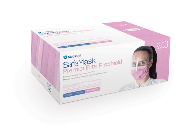 Masque anti-buée SafeMask® Premier Elite™ ProShield avec contour d'oreille avec visière - rose ASTM niveau 3 (25/boîte)