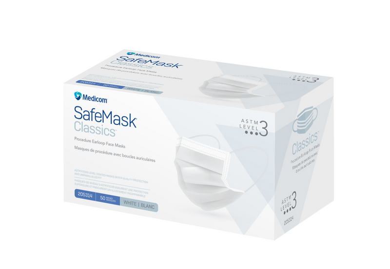 SafeMask Classics™ Procedure Earloop Face Masks - White ASTM Level 3 (50/box)