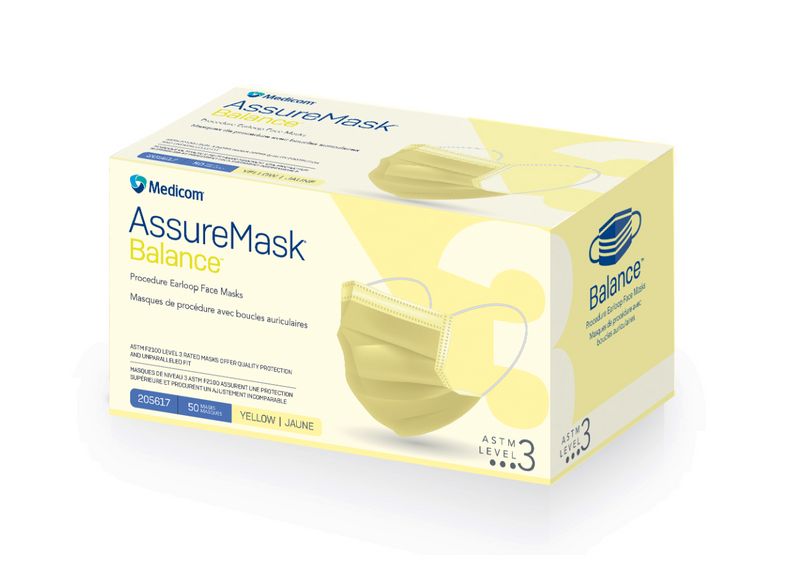 Masques de procédure AssureMask Balance™ avec boucle d'oreille - jaune ASTM niveau 3 (50/boîte)